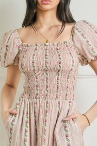 Garden Rose Puff Sleeve Maxi Dress - Pink Floral