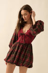 PREORDER - Delilah Plaid and Lace Bubble Mini Dress - Burgundy (SHIPS BY 11/26)