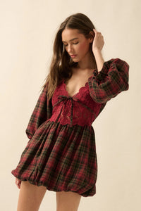PREORDER - Delilah Plaid and Lace Bubble Mini Dress - Burgundy (SHIPS BY 11/26)