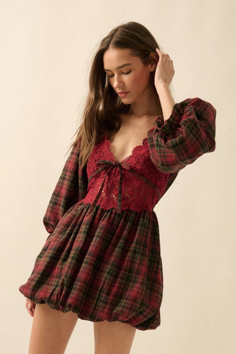 PREORDER - Delilah Plaid and Lace Bubble Mini Dress - Burgundy (SHIPS BY 11/26)
