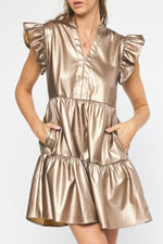 Faux Leather Ruffle Sleeve V Neck Tiered Mini Dress - Gold - SALE