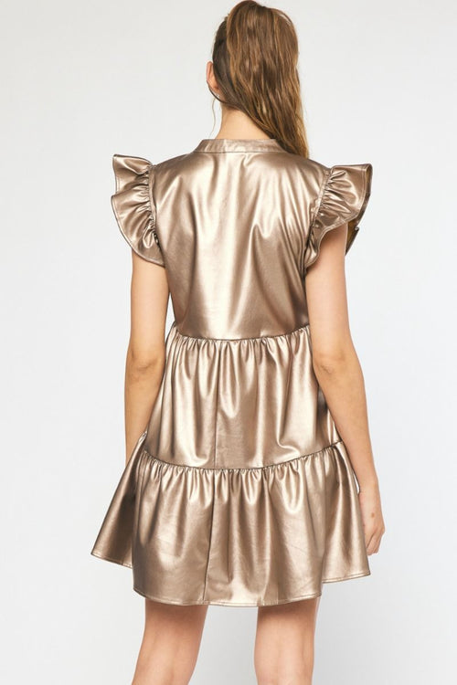 Faux Leather Ruffle Sleeve V Neck Tiered Mini Dress - Gold