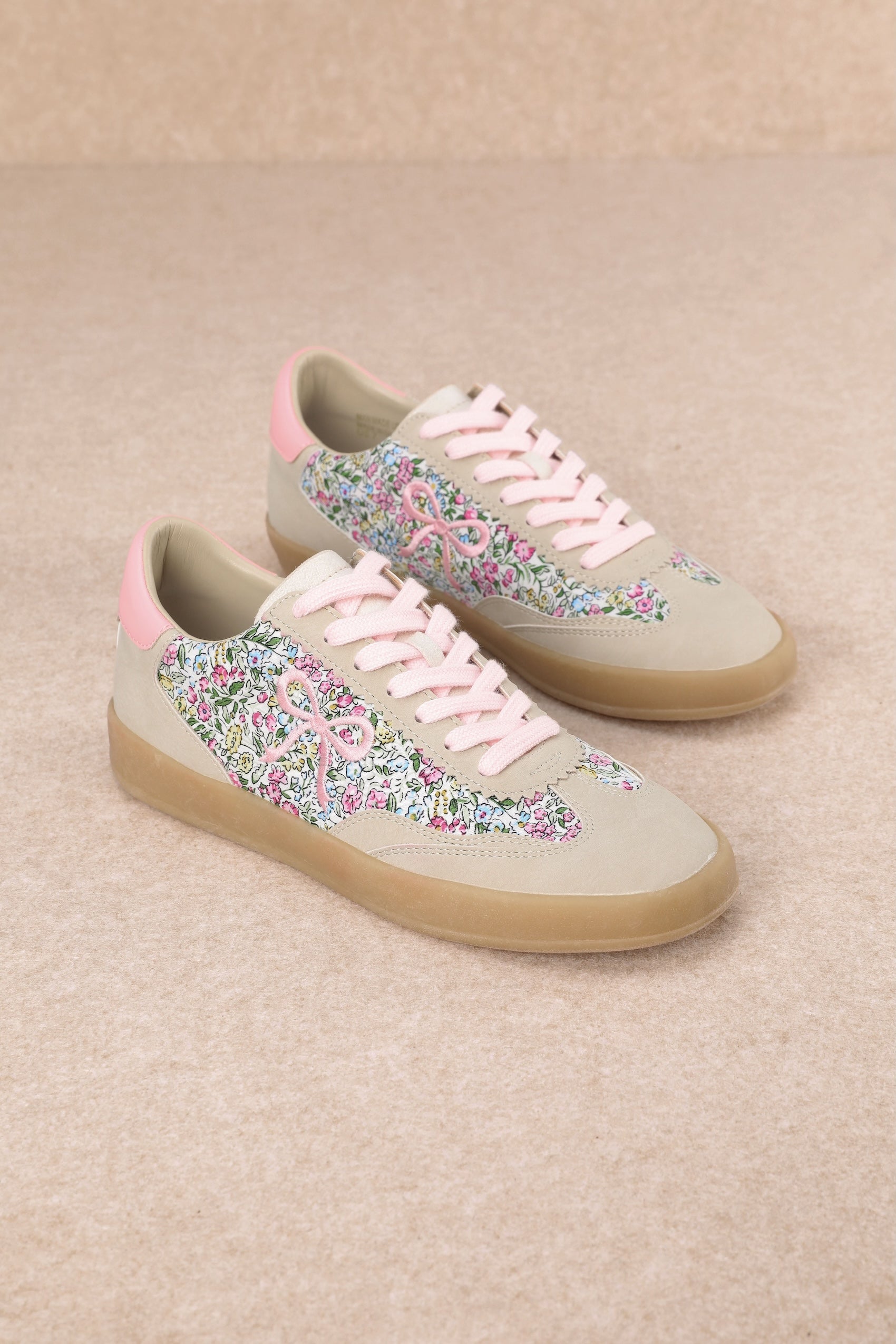 Floral Bow Sneakers - Beige and Pink