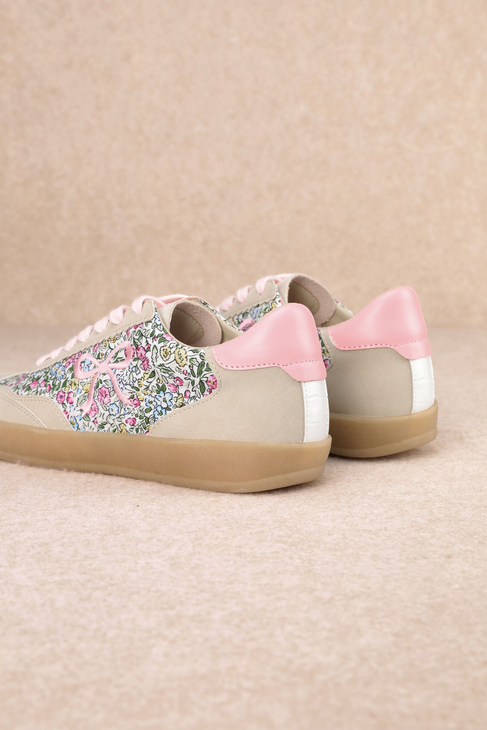 Floral Bow Sneakers - Beige and Pink