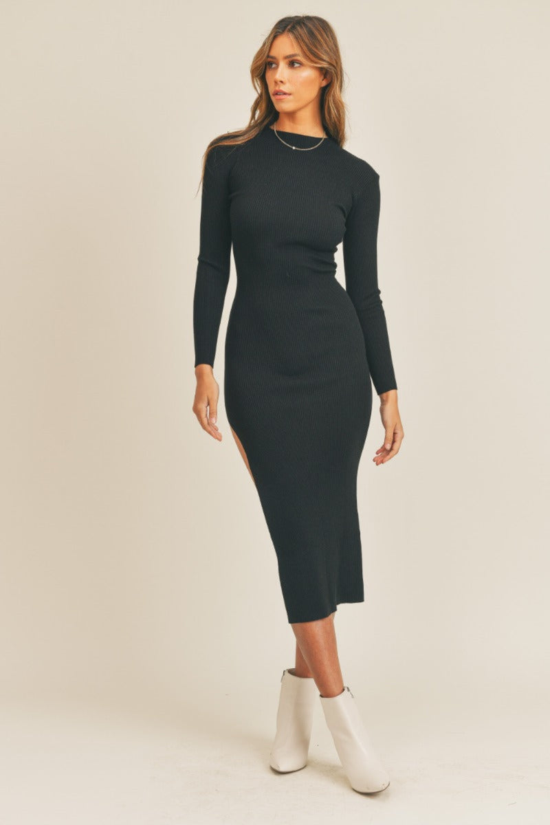 Never Impossible Ribbed Midi Sweater Dress - Black