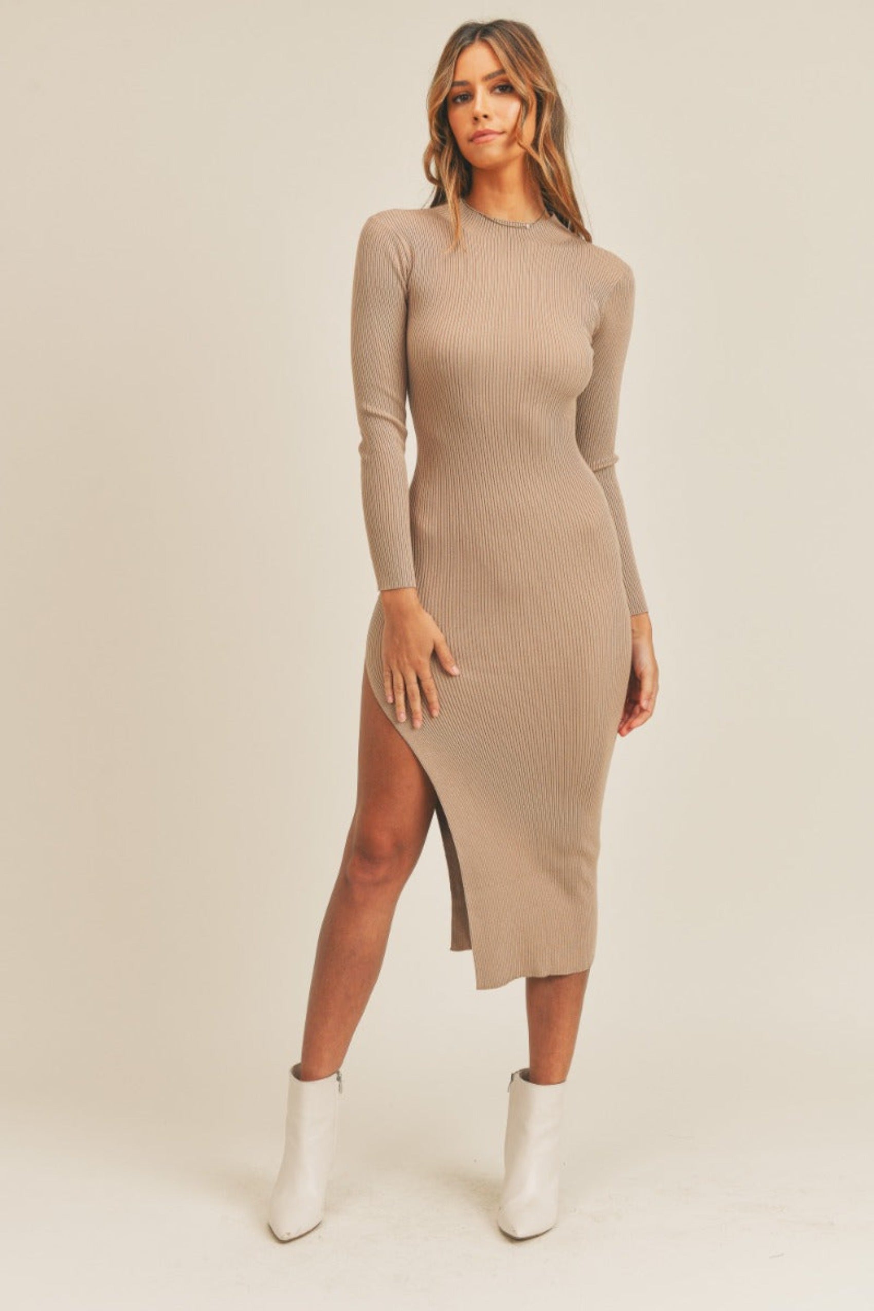 Never Impossible Ribbed Midi Sweater Dress - Taupe - Sale Medium Never Impossible Ribbed Midi Sweater Dress - Taupe - Sale Medium