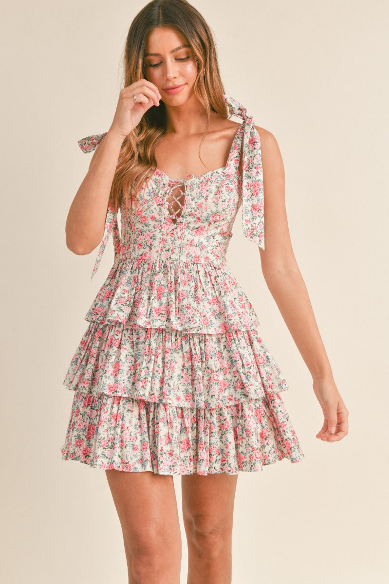 Serenity Floral Tiered Mini Dress - Cream - Sale Large Serenity Floral Tiered Mini Dress - Cream - Sale Large