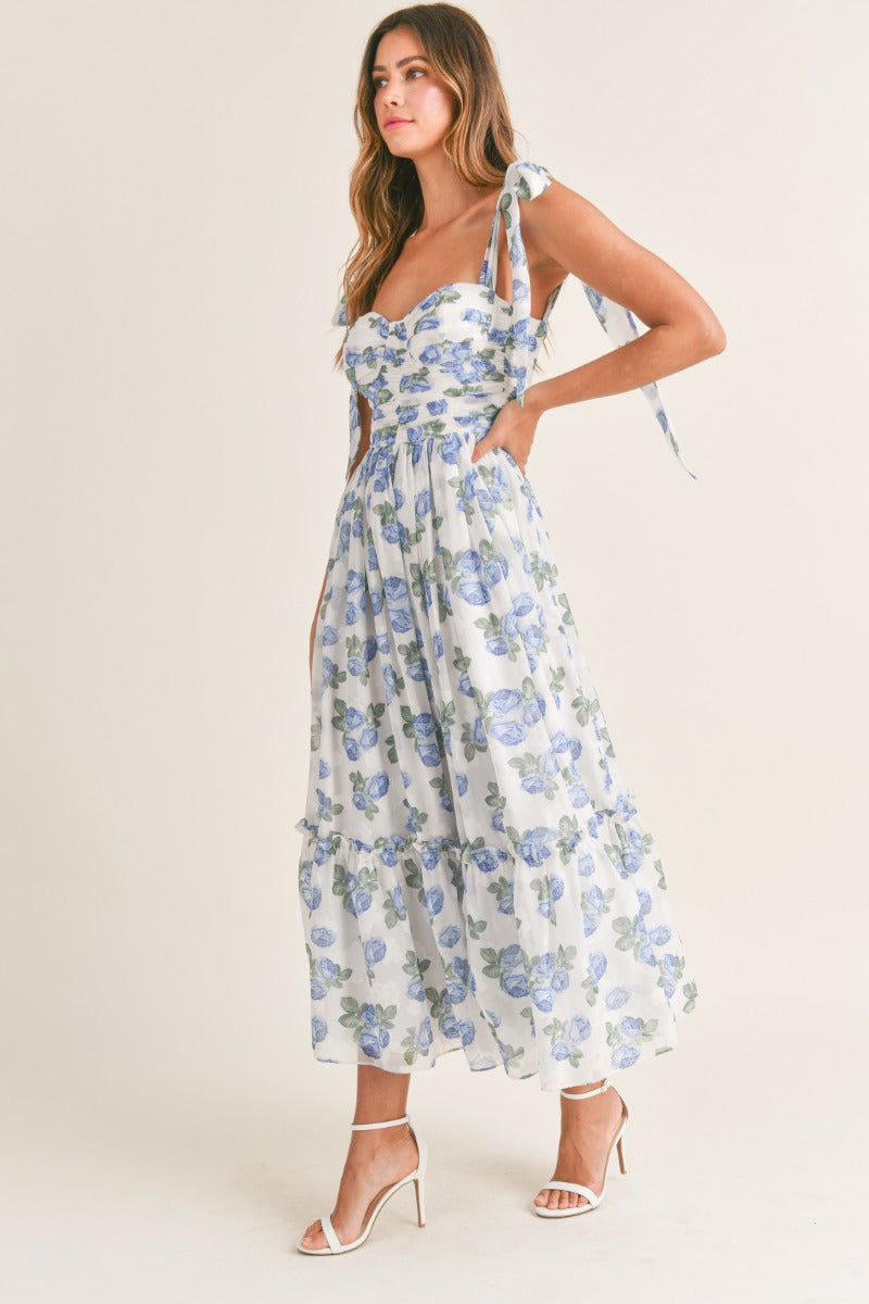 Blue Floral Tie Back Dress