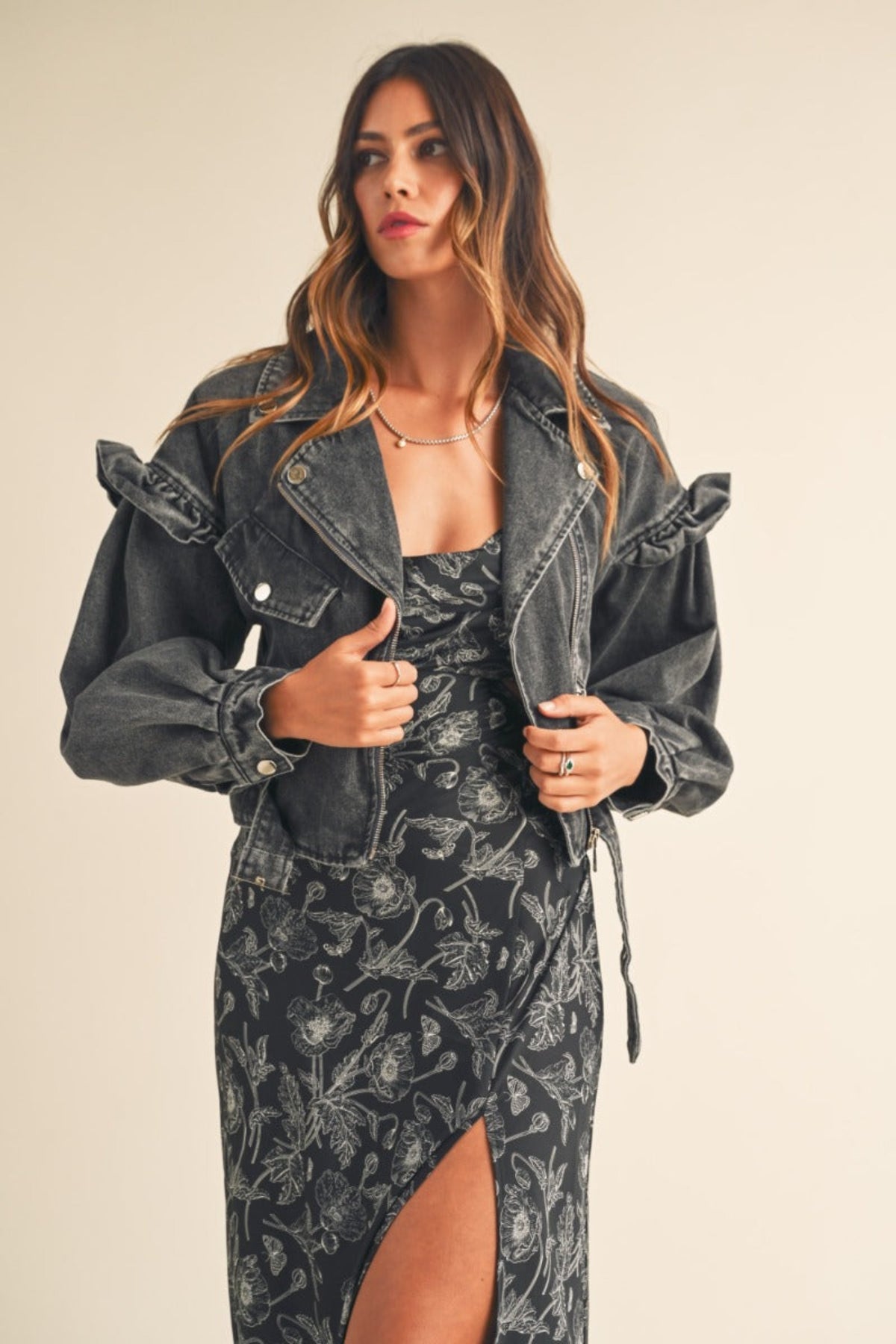 This Must Be Love Black Denim Ruffle Sleeve Moto Jacket - Sale Medium