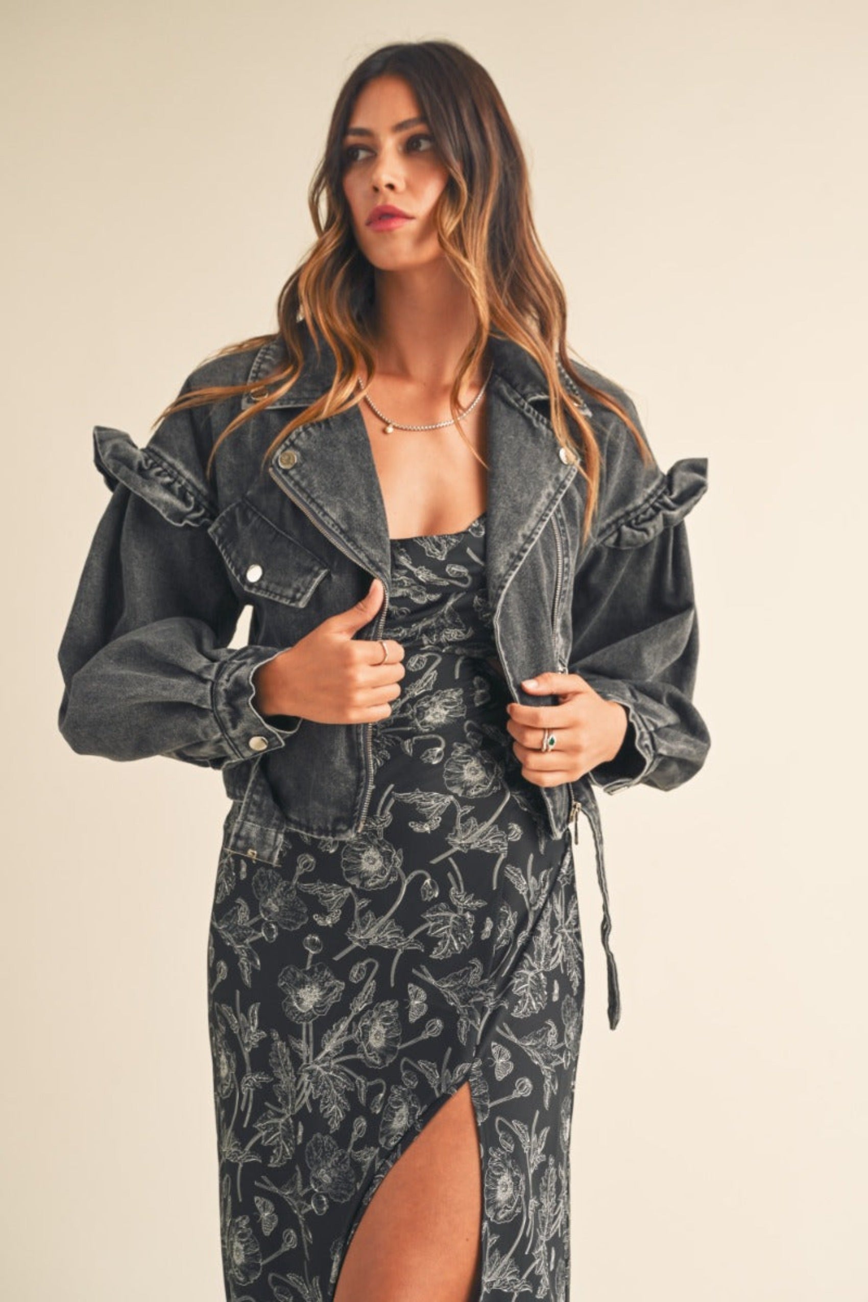 This Must Be Love Black Denim Ruffle Sleeve Moto Jacket - SALE Medium