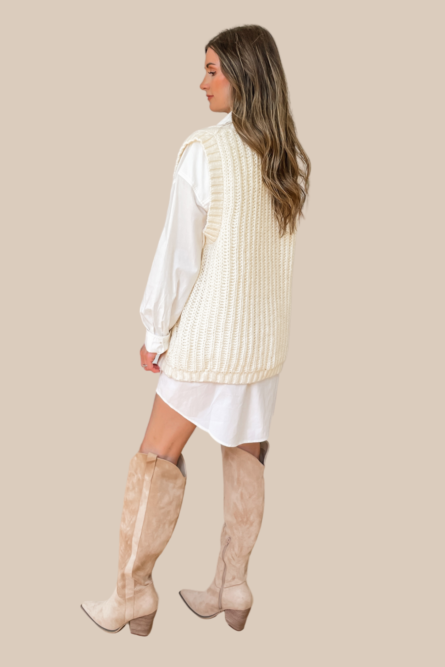 Knitted Vest Over Shirt Dress Knitted White Vest Outfit White