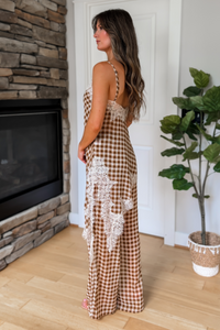 Blair Gingham Lace Trim Pants Set - Camel