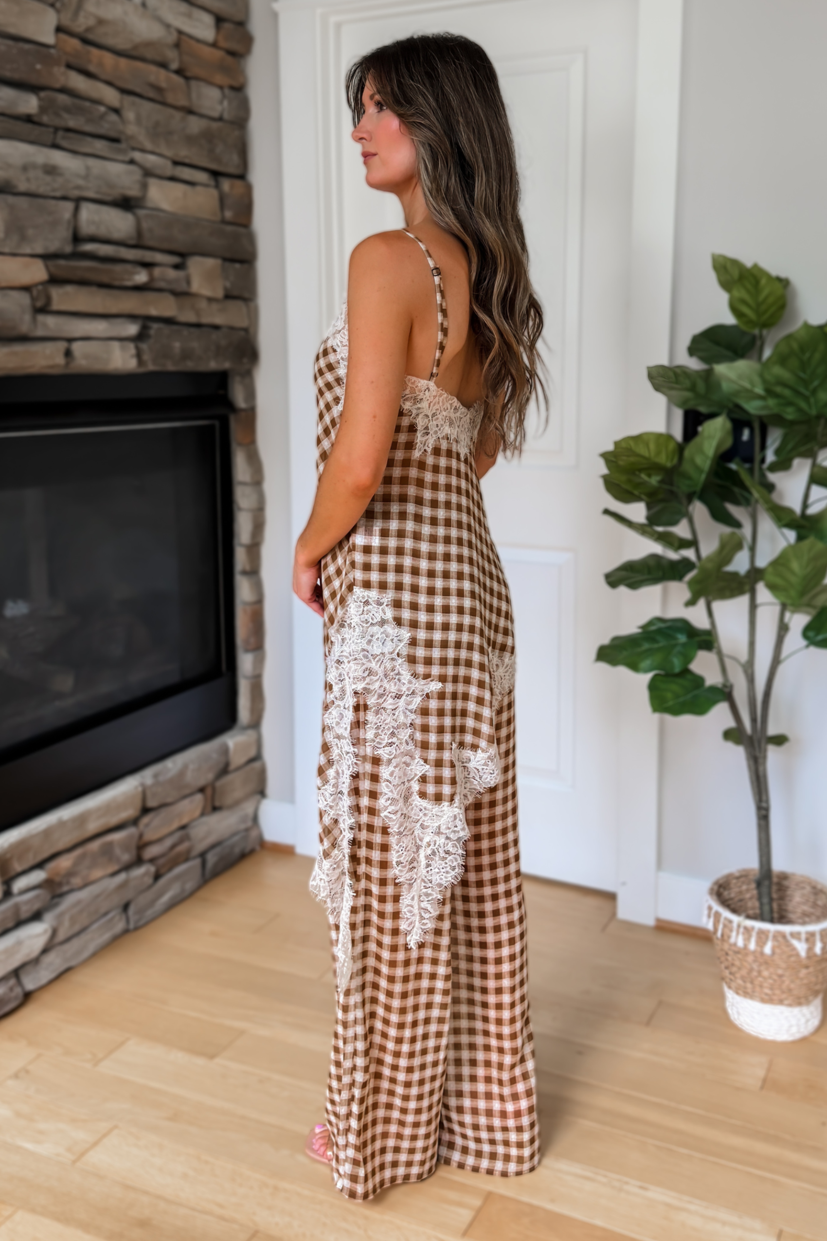 Blair Gingham Lace Trim Pants Set - Camel