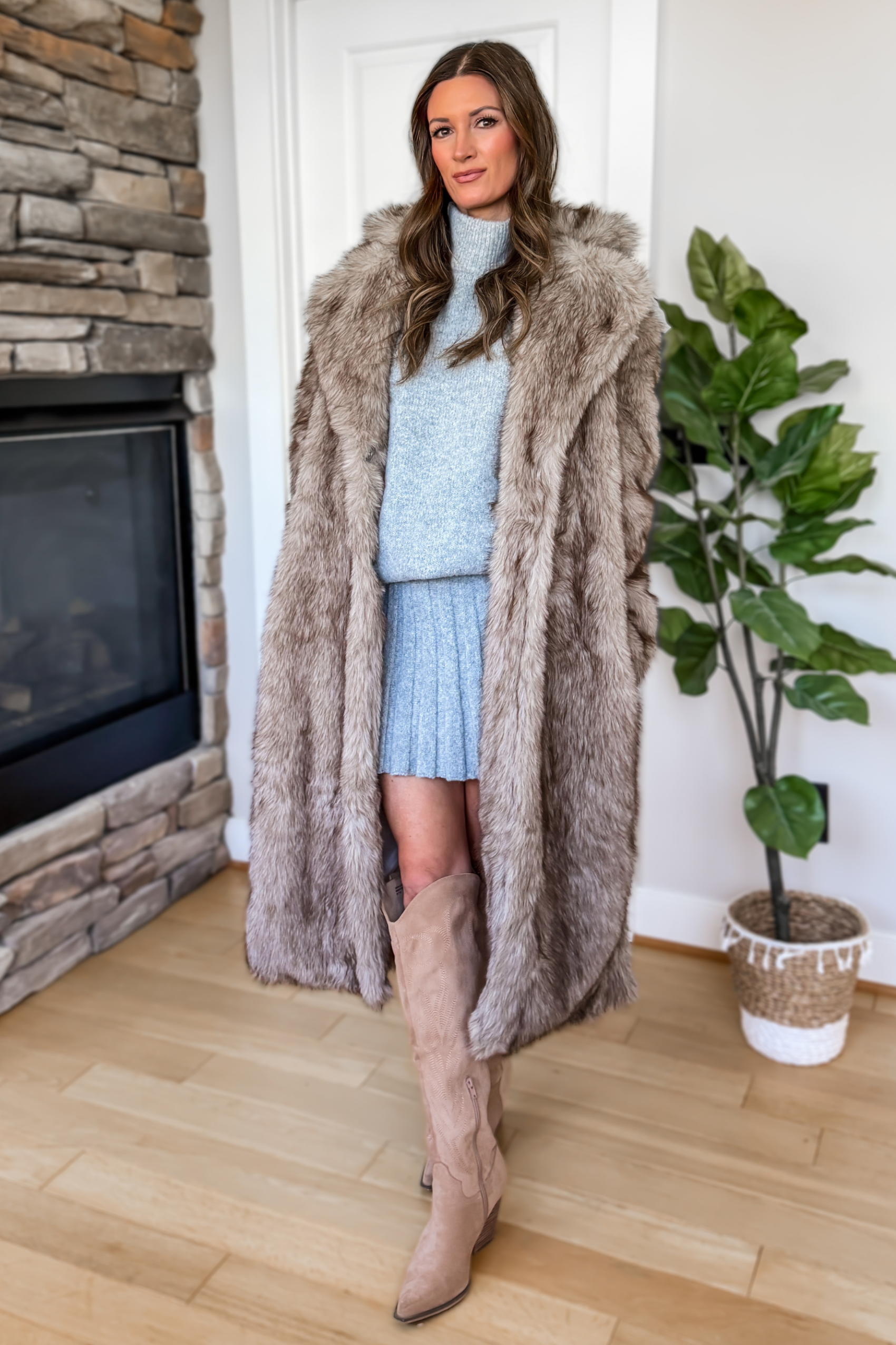Cozy Feeling Faux Fur Long Coat - Brown
