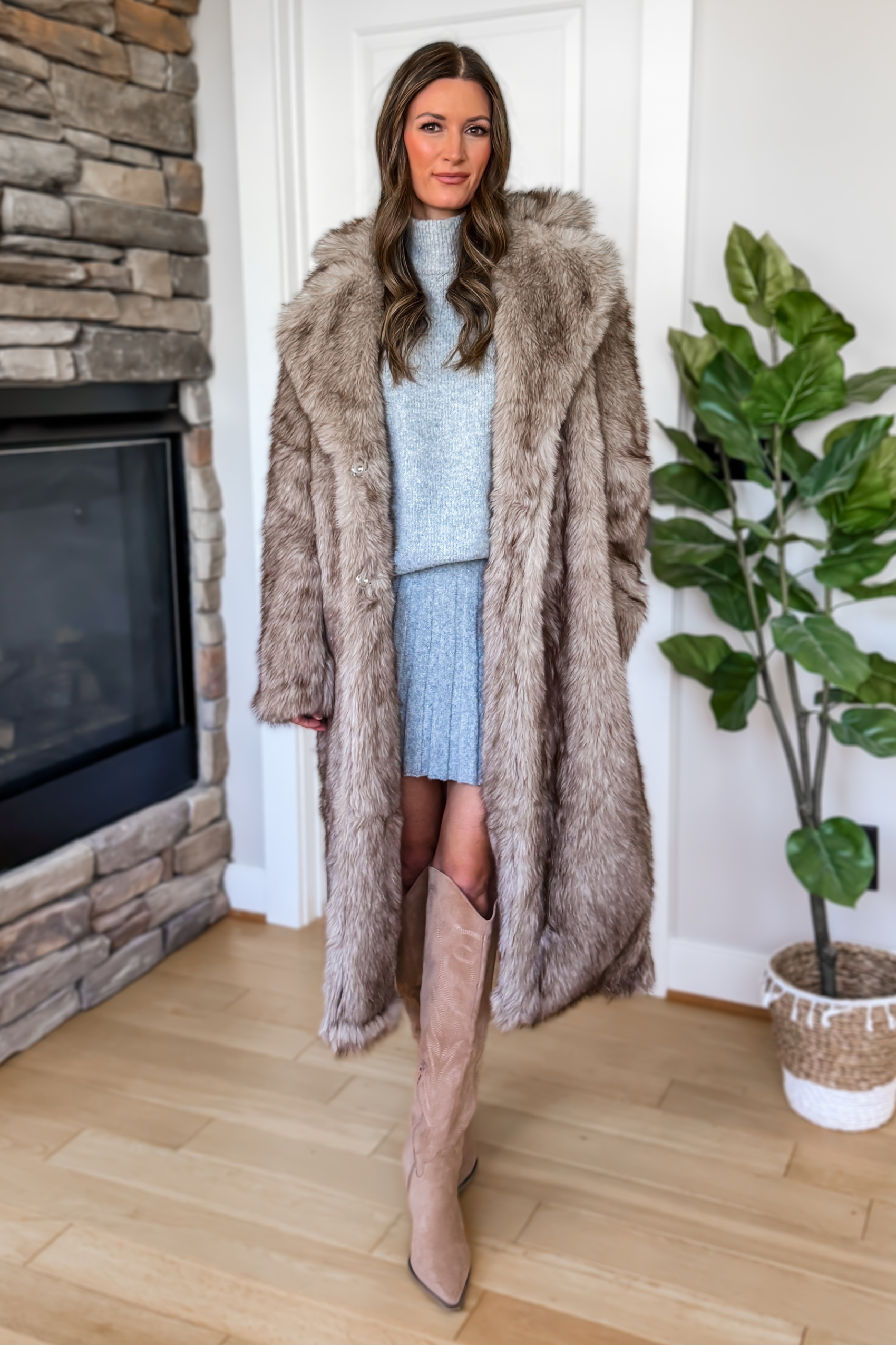 Cozy Feeling Faux Fur Long Coat - Brown