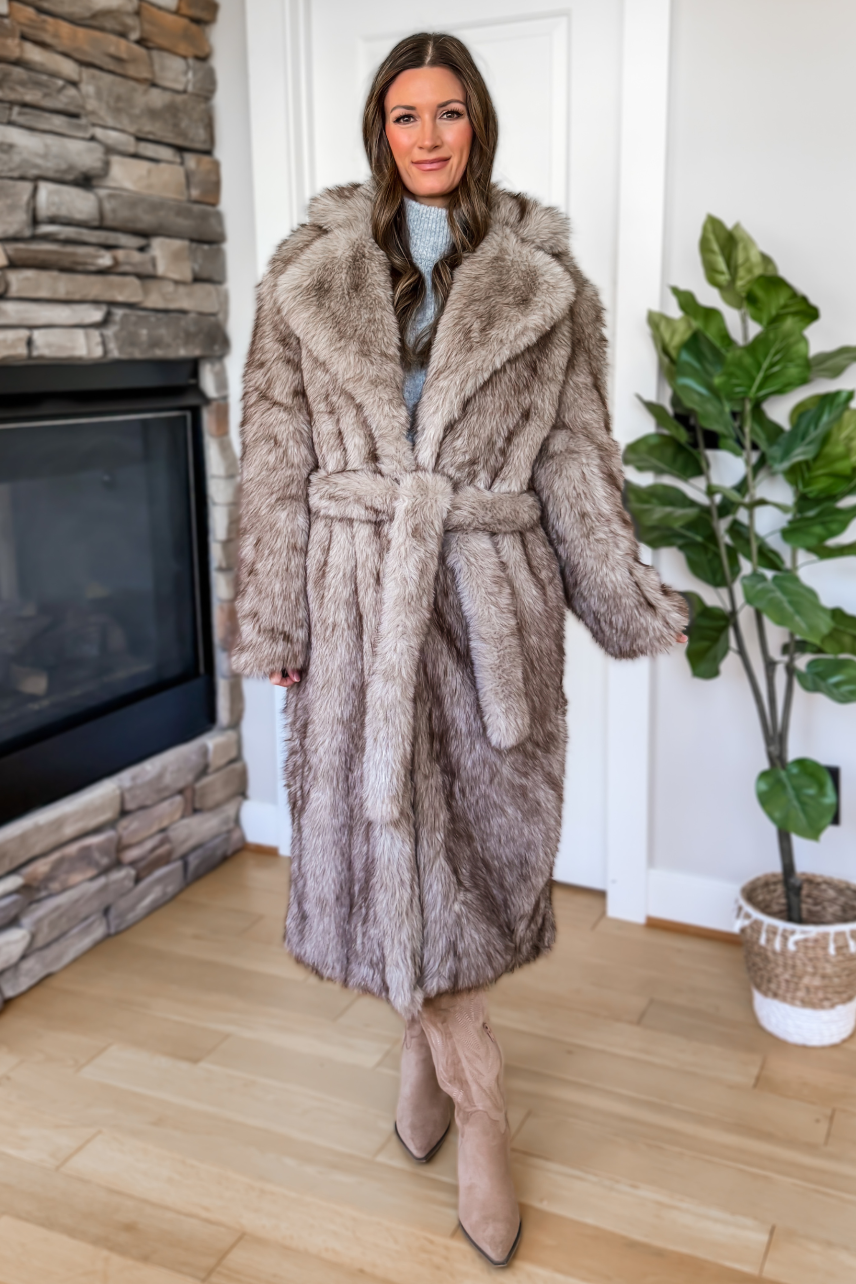Cozy Feeling Faux Fur Long Coat - Brown