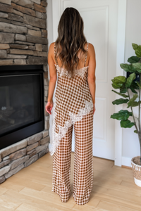 Blair Gingham Lace Trim Pants Set - Camel