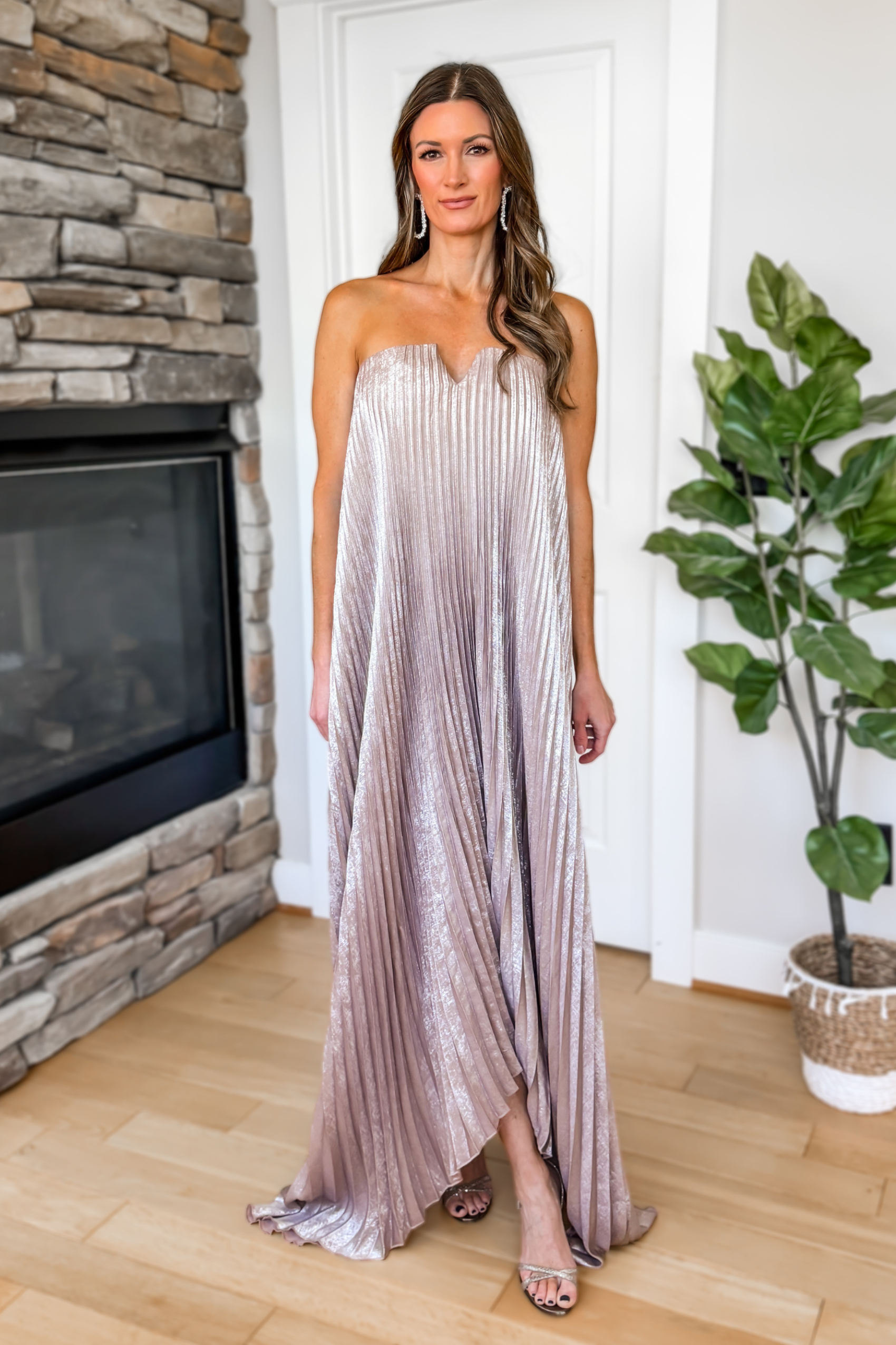 Evening Glow Pleated Satin Maxi Dress – Champagne