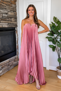 Evening Glow Pleated Satin Maxi Dress – Mauve