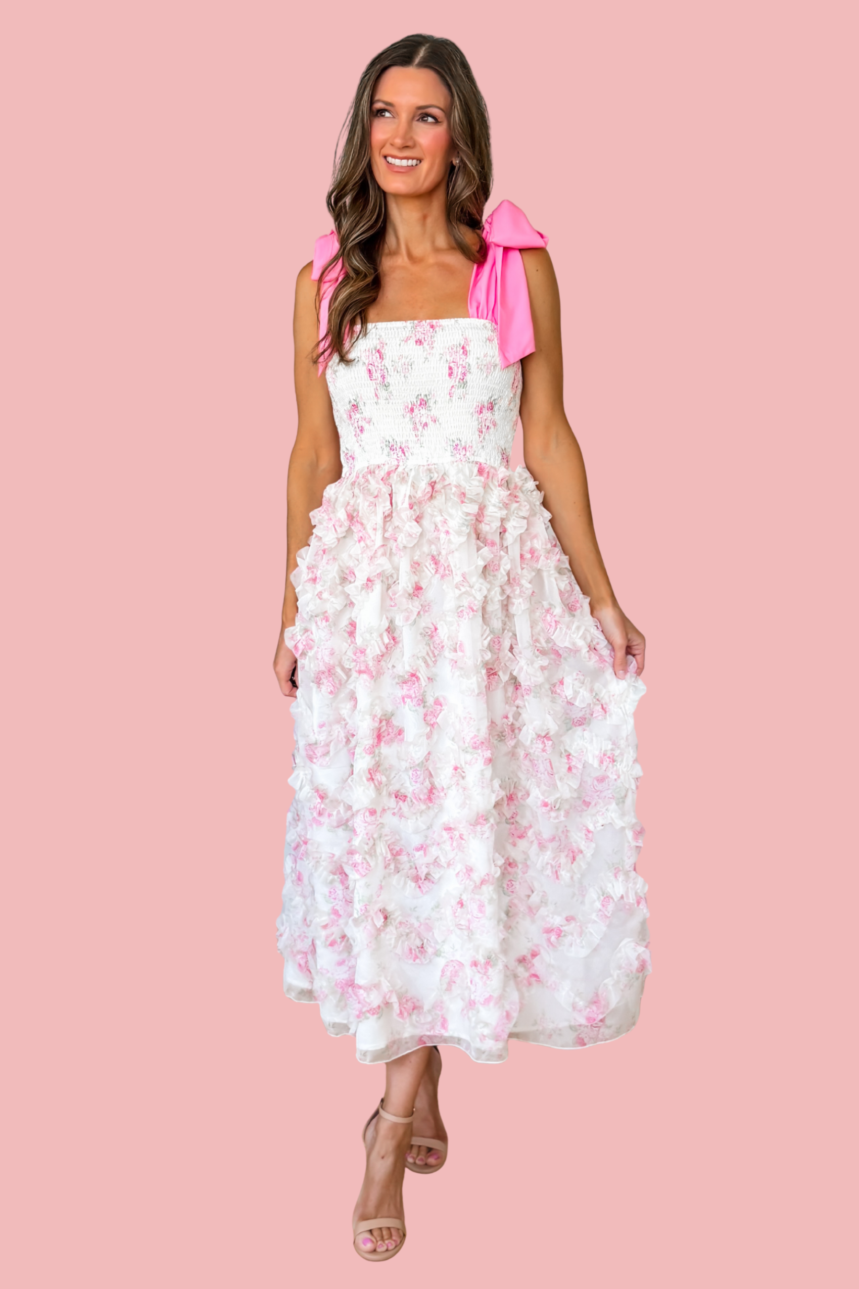 Floral Smocked Ruffle Organza Midi Dress - Pink