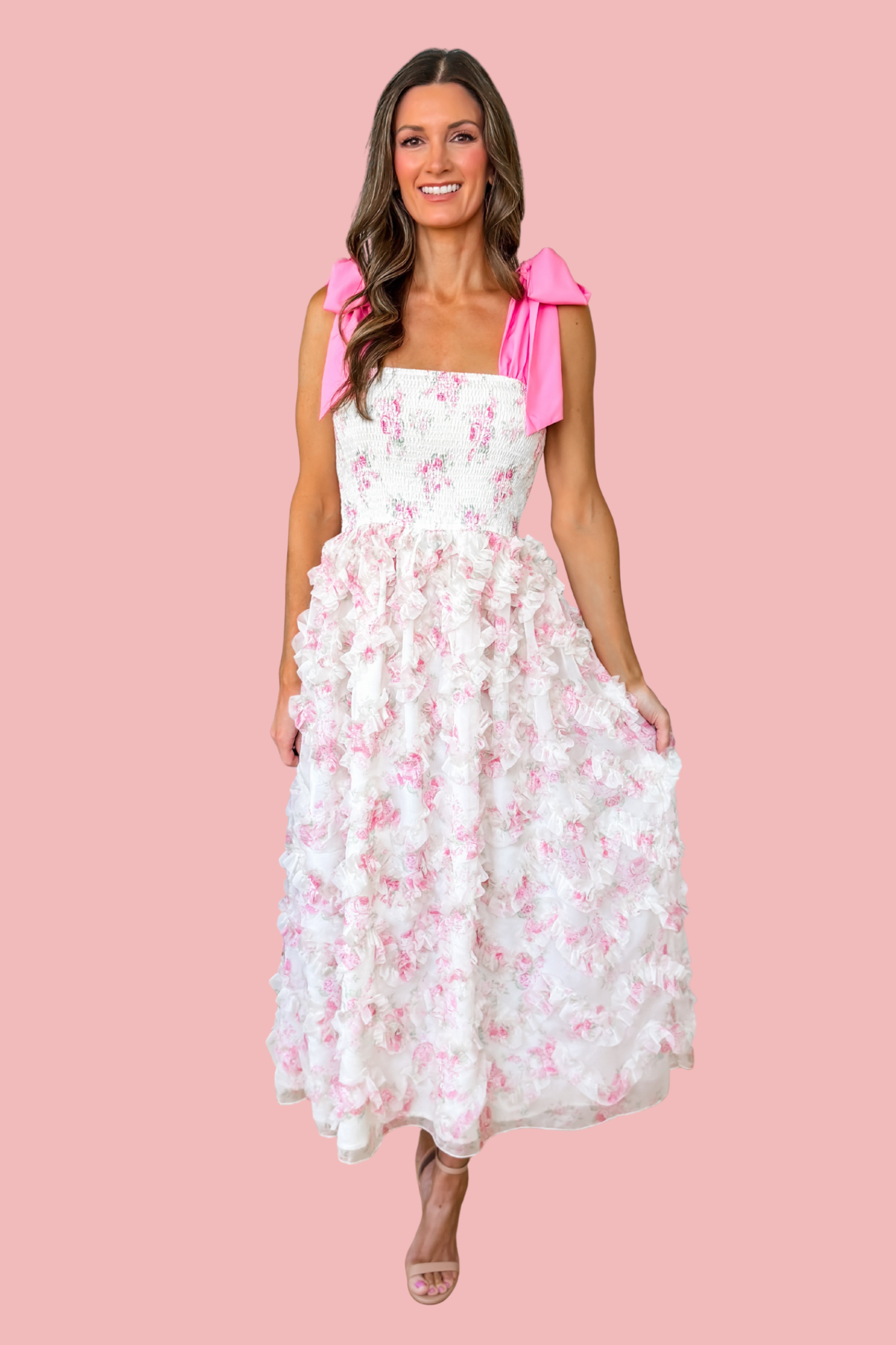 Floral Smocked Ruffle Organza Midi Dress - Pink