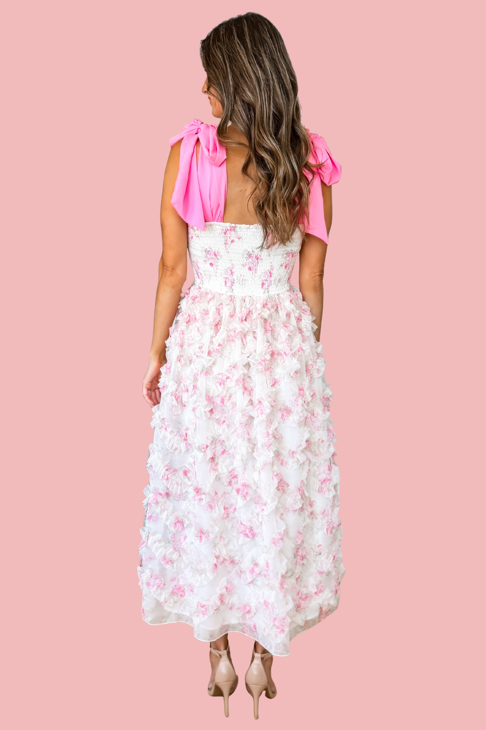 Floral Smocked Ruffle Organza Midi Dress - Pink