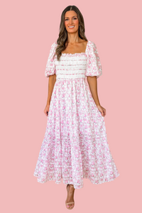 Charlotte Floral Bow Print Smocked Midi Dress - Off White and Pink