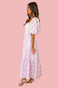Charlotte Floral Bow Print Smocked Midi Dress - Off White and Pink