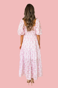 Charlotte Floral Bow Print Smocked Midi Dress - Off White and Pink
