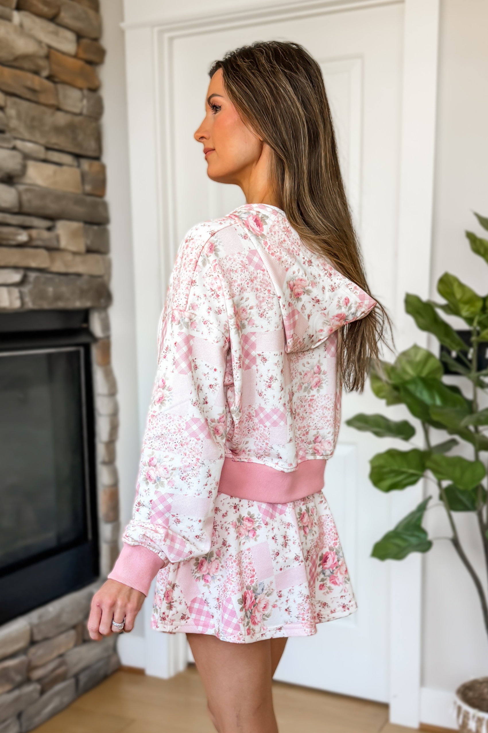 Juliette Floral Patchwork Cropped Hoodie - Pink Multi - SALE