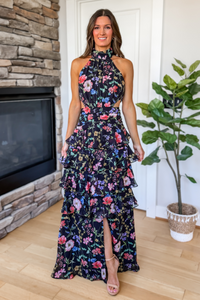 Floral Halter Ruffle Maxi Dress - Black Multi