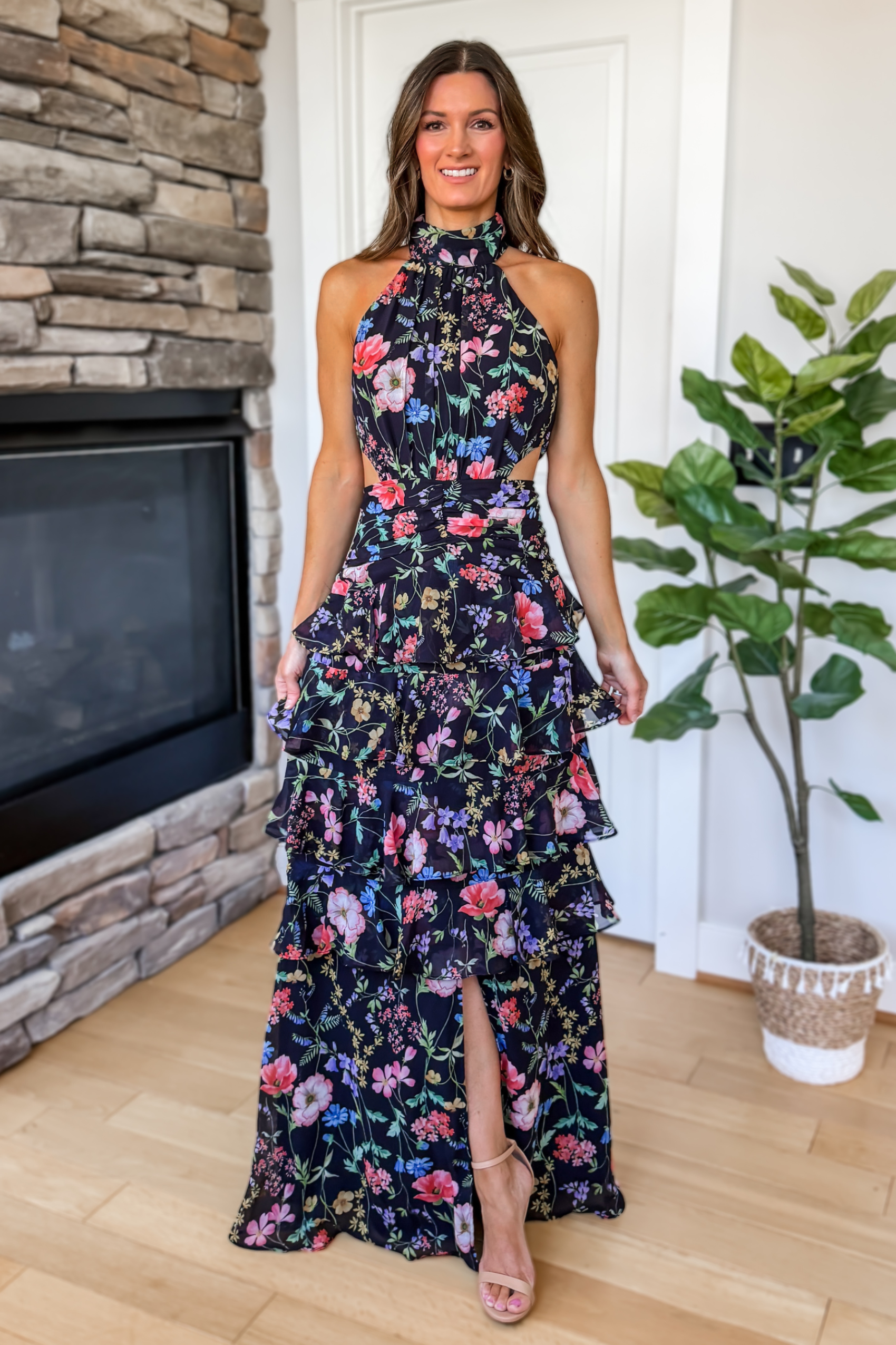 Floral Halter Ruffle Maxi Dress - Black Multi