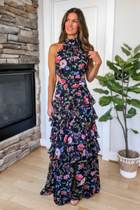 Floral Halter Ruffle Maxi Dress - Black Multi