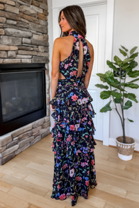 Floral Halter Ruffle Maxi Dress - Black Multi