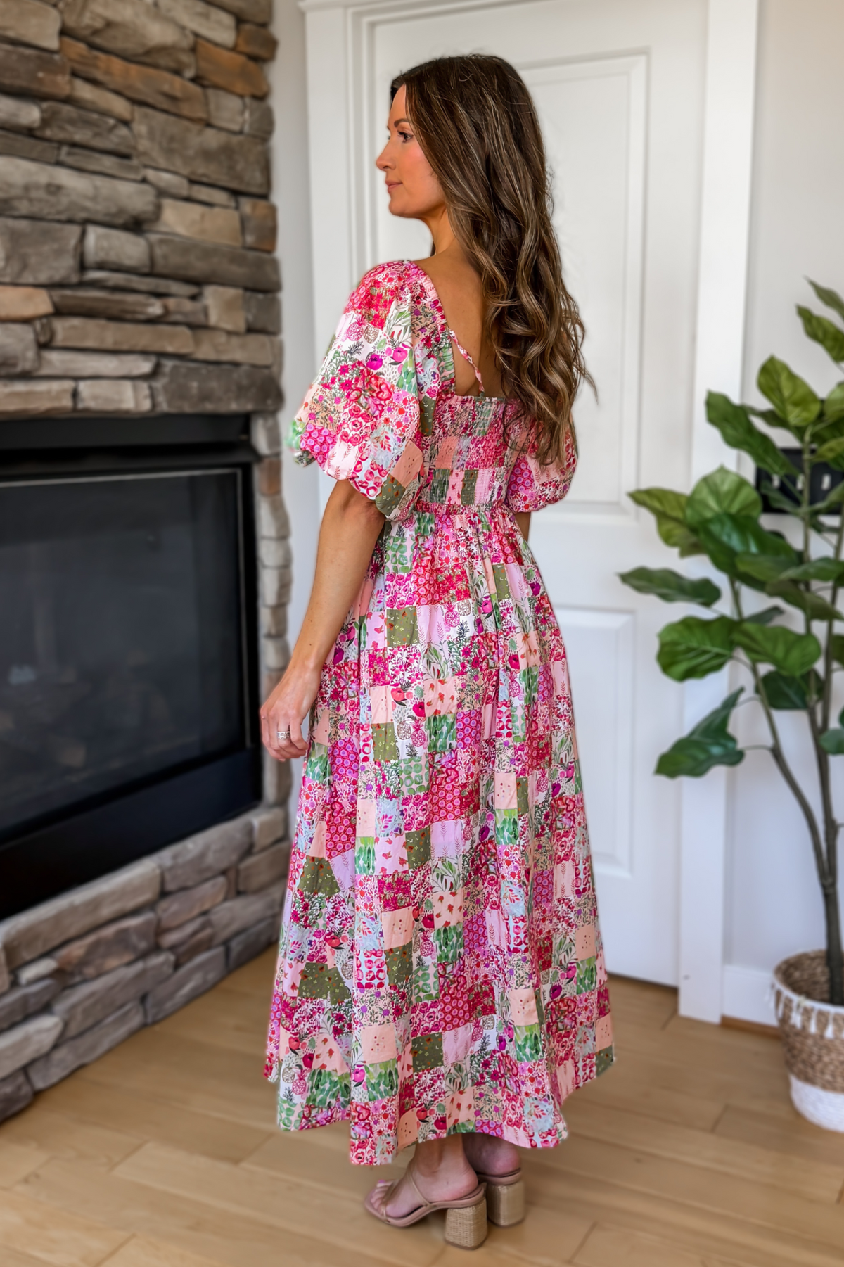 spring midi dress with sleeves Rose Lace Eyelet Detail Short Sleeve Hidden side pockets Pink Floral Printed Puff Sleeve