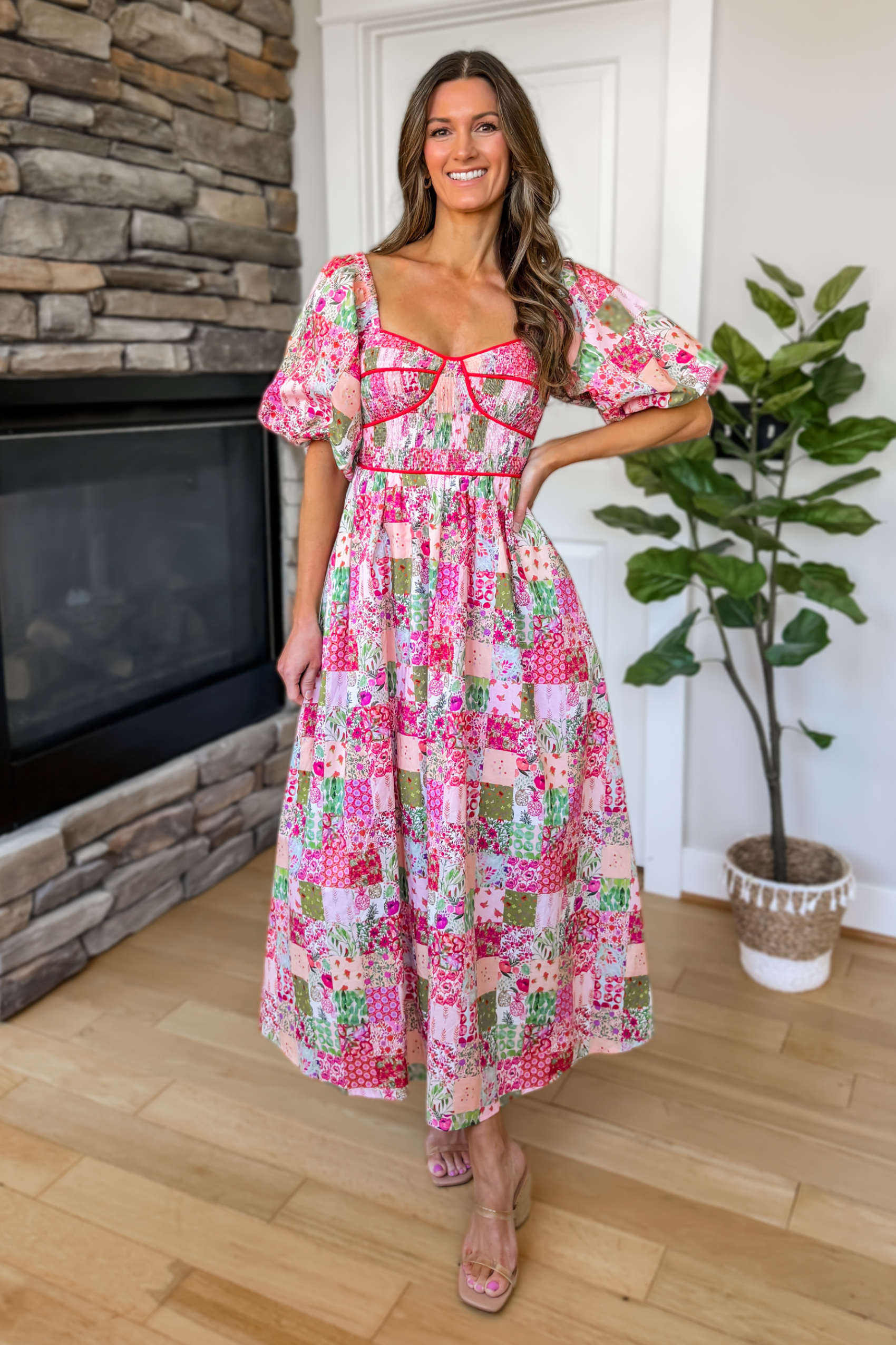 Spring Blooms Pink Floral Patchwork Midi Dress