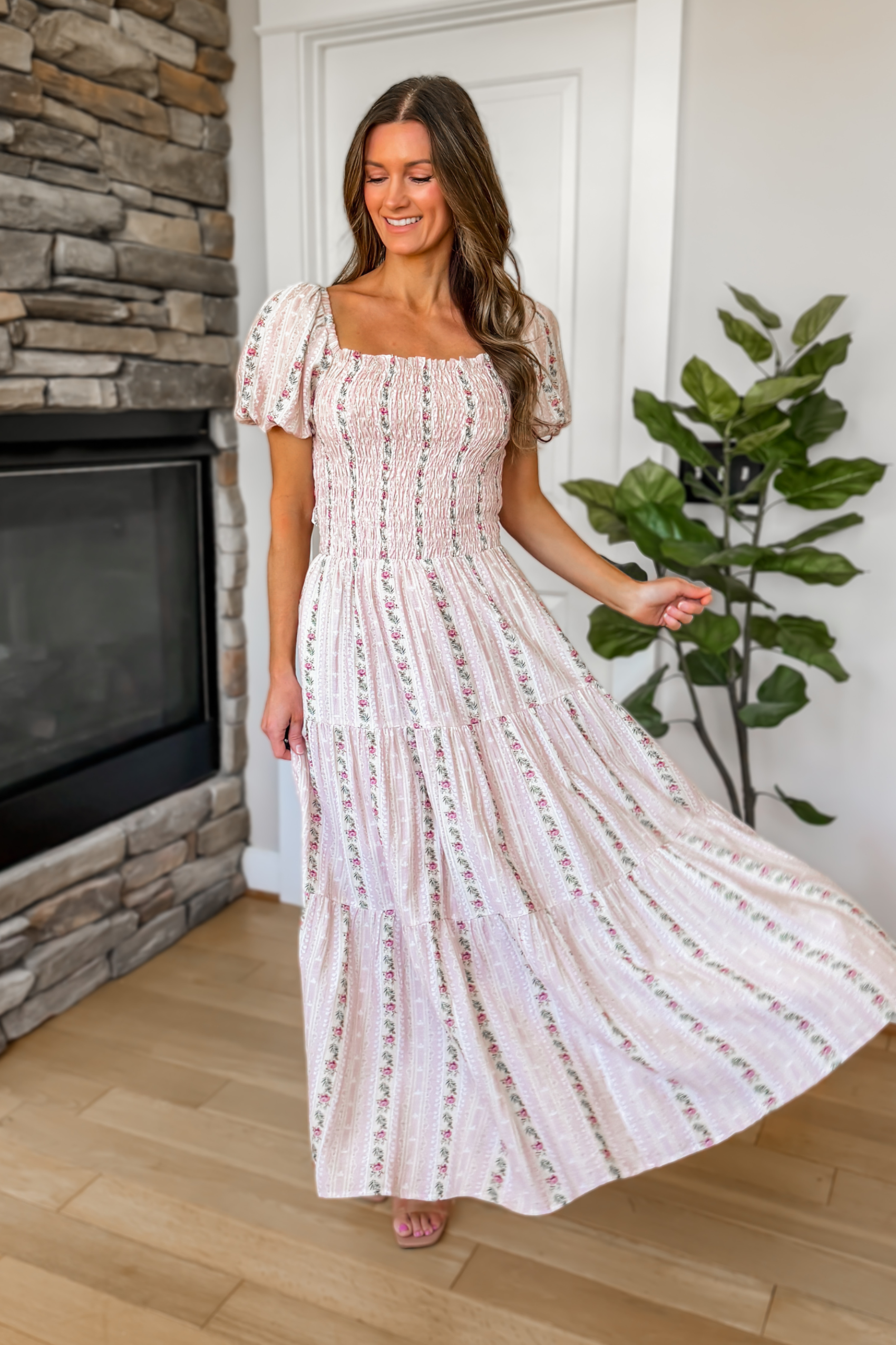 Garden Rose Puff Sleeve Maxi Dress - Pink Floral