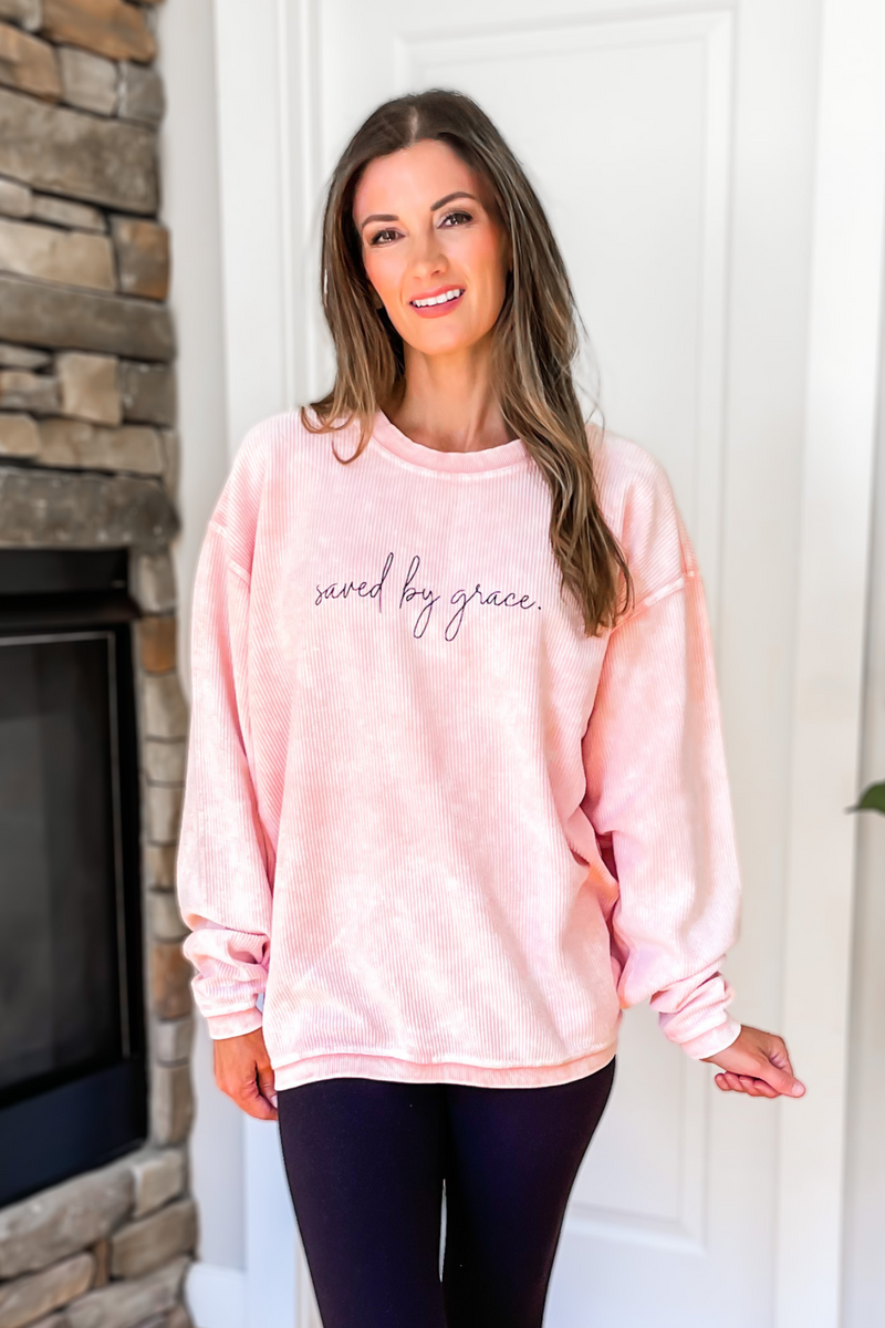 Saved By Grace Vintage Wash Corded Sweatshirt - Pink