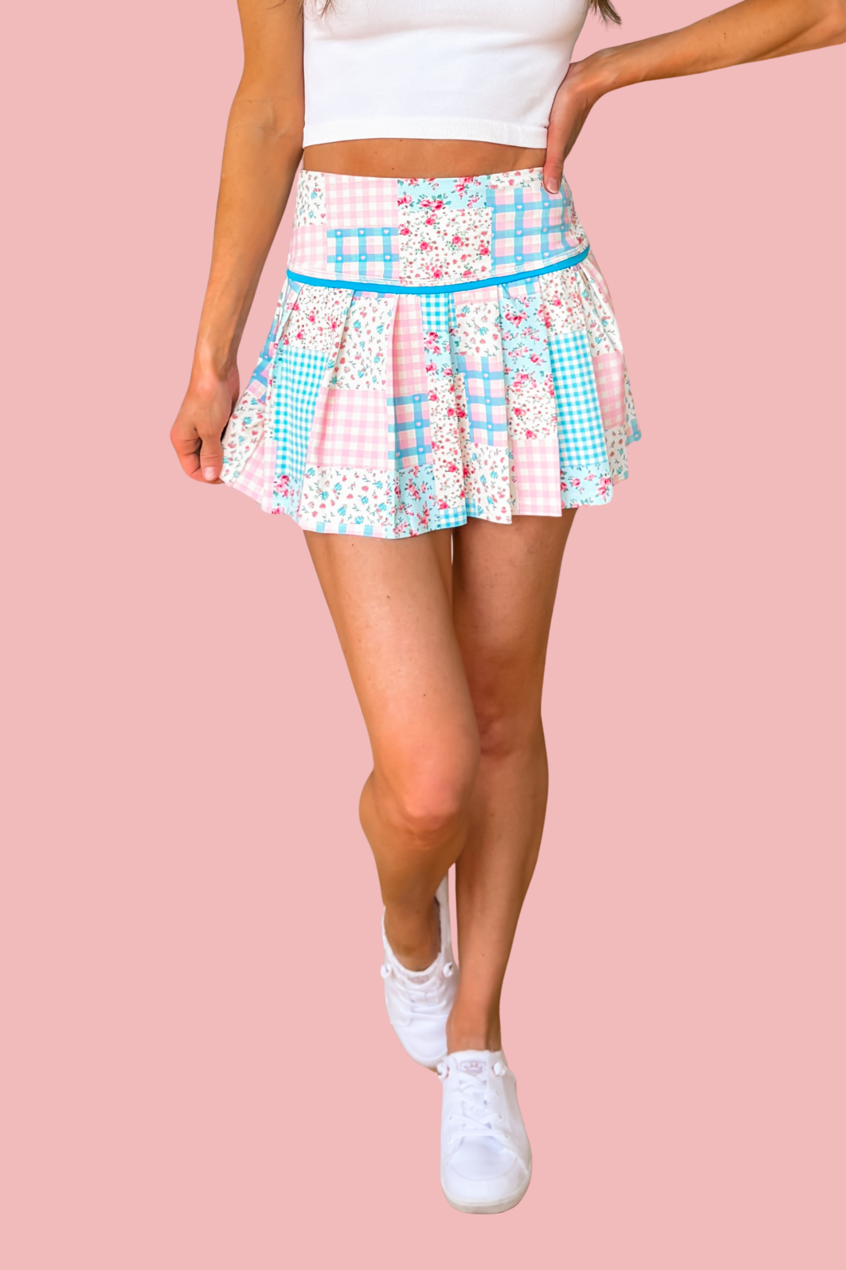 Pastel Floral Patchwork Pleated Skort - Blue Multi
