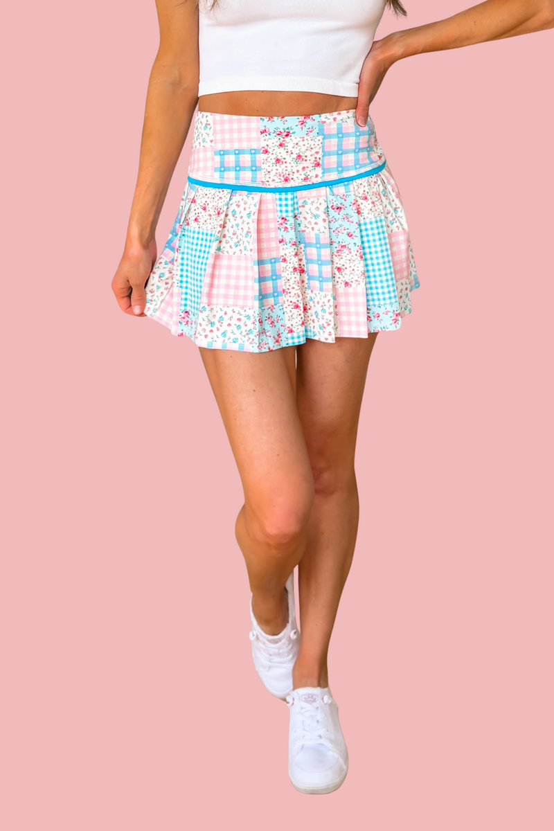 美品★ FLOWER PATCHWORK PLEATED SKIRT Pastel Floral Patchwork Pleated Skort - Blue Multi – Ivy & Olive