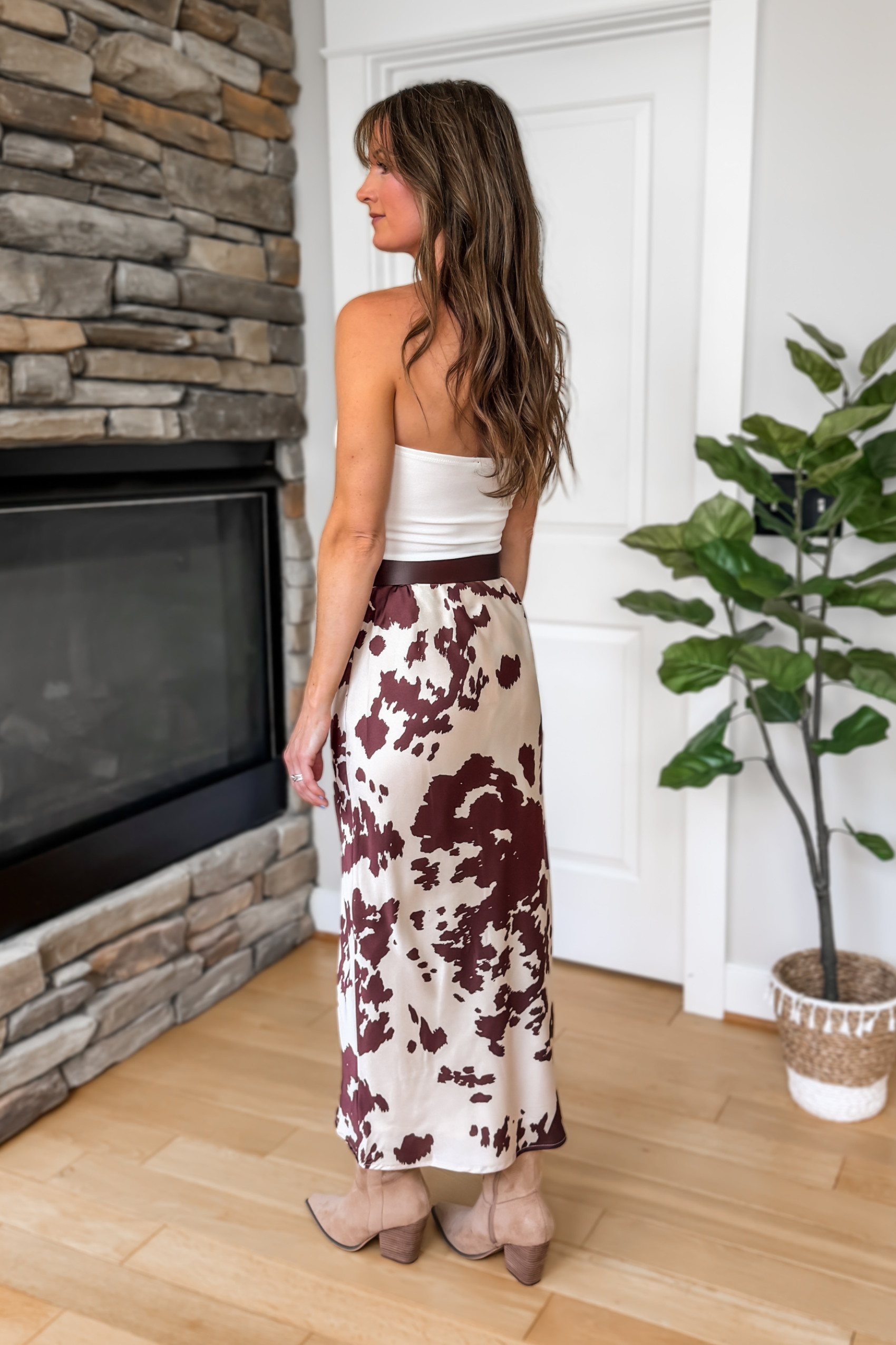 Western Cow Print Maxi Skirt - Brown and Cream