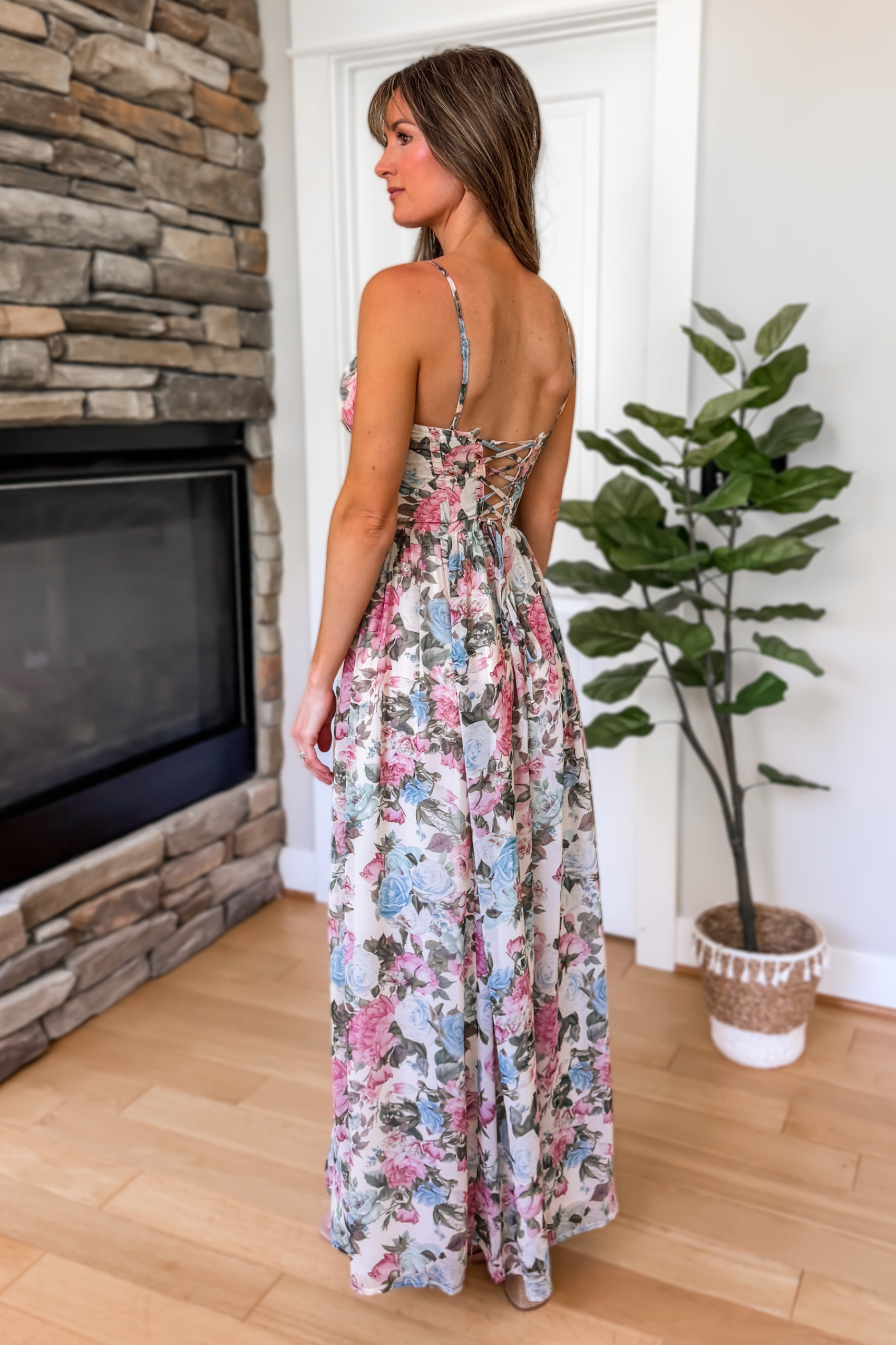 Garden Romance Floral Corset Maxi Dress Small