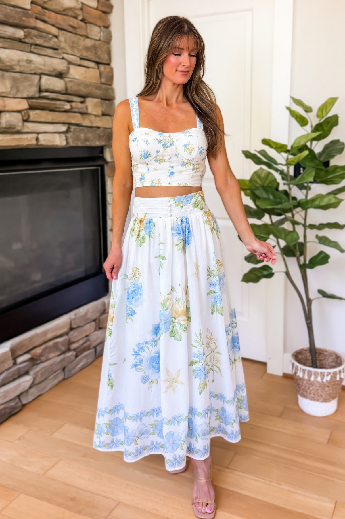 Summer Bliss Floral Two Piece Skirt Set - Blue and White Small Summer Bliss Floral Two Piece Skirt Set - Blue and White Small
