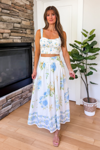 Summer Bliss Floral Two Piece Skirt Set - Blue and White