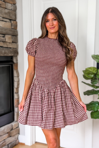 Autumn Orchard Plaid Mini Dress - Burgundy and Taupe
