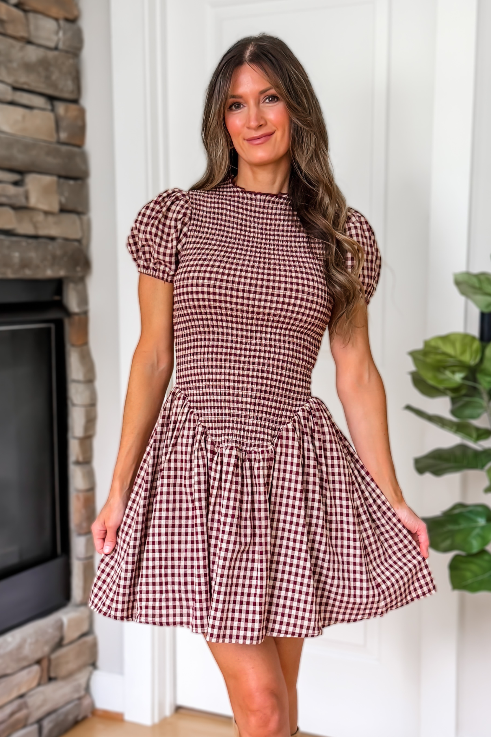 Autumn Orchard Plaid Mini Dress - Burgundy and Taupe