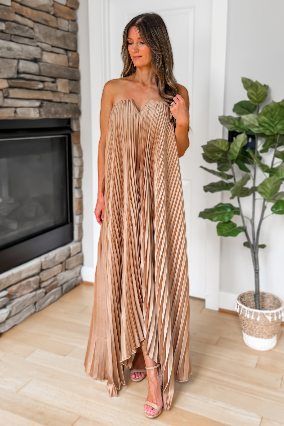 Evening Glow Pleated Satin Maxi Dress – Gold