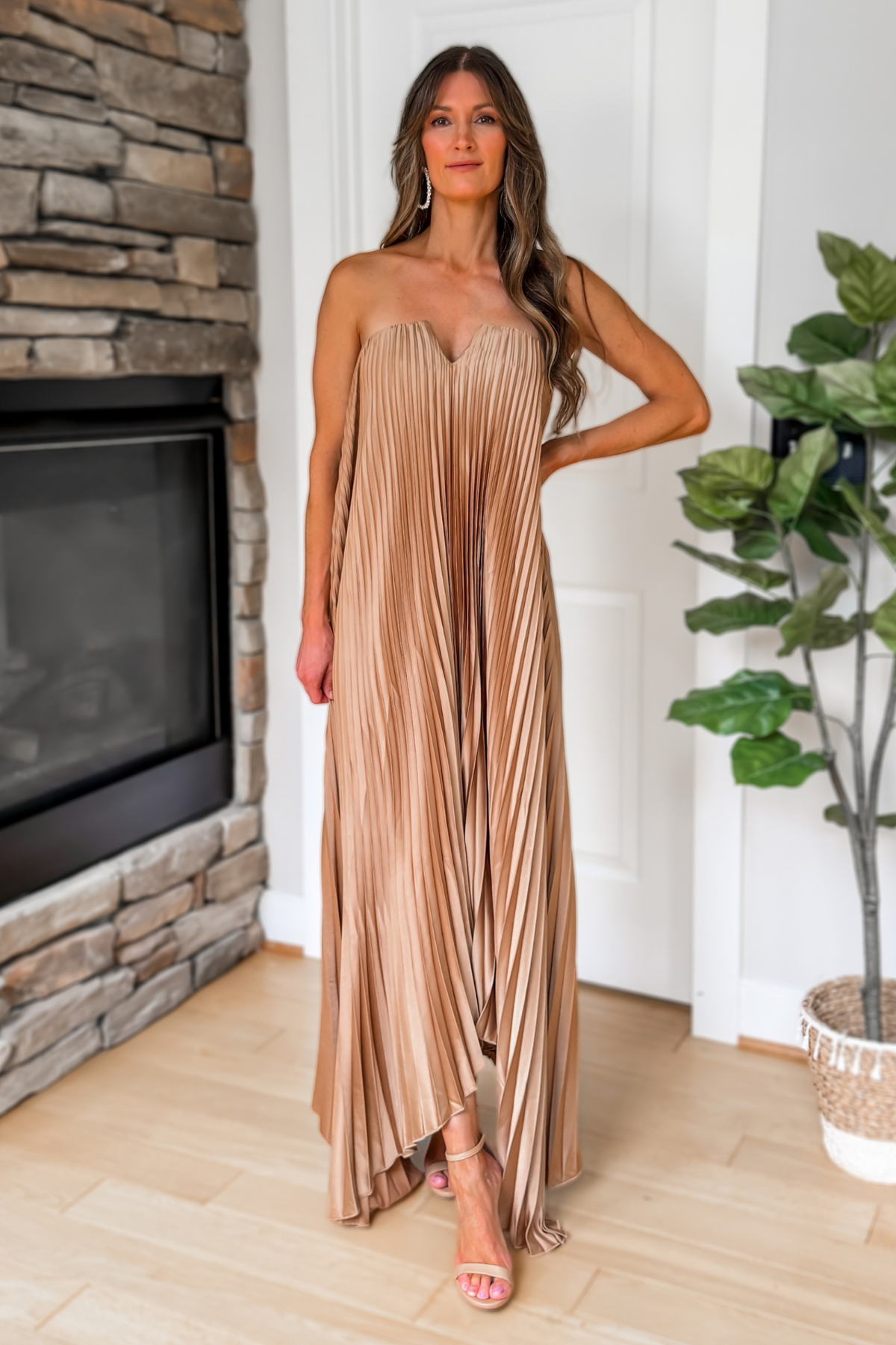 Evening Glow Pleated Satin Maxi Dress – Gold
