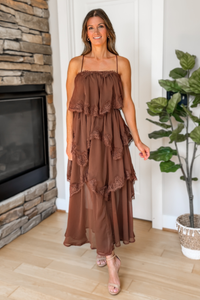 Sienna Lace Tiered Midi Dress – Brown