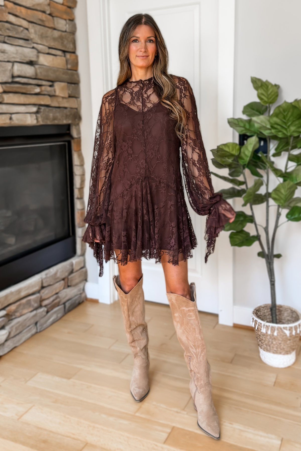 Elowen Lace Mini Dress - Chocolate Brown